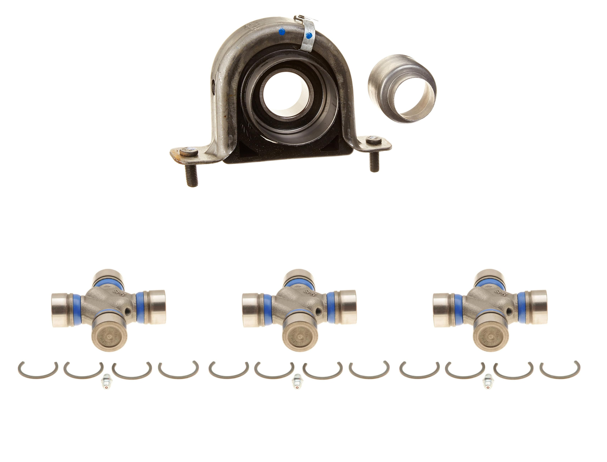 One Spicer 212028-1X driveshaft center support bearing and three Spicer 5-3147X U-joints.