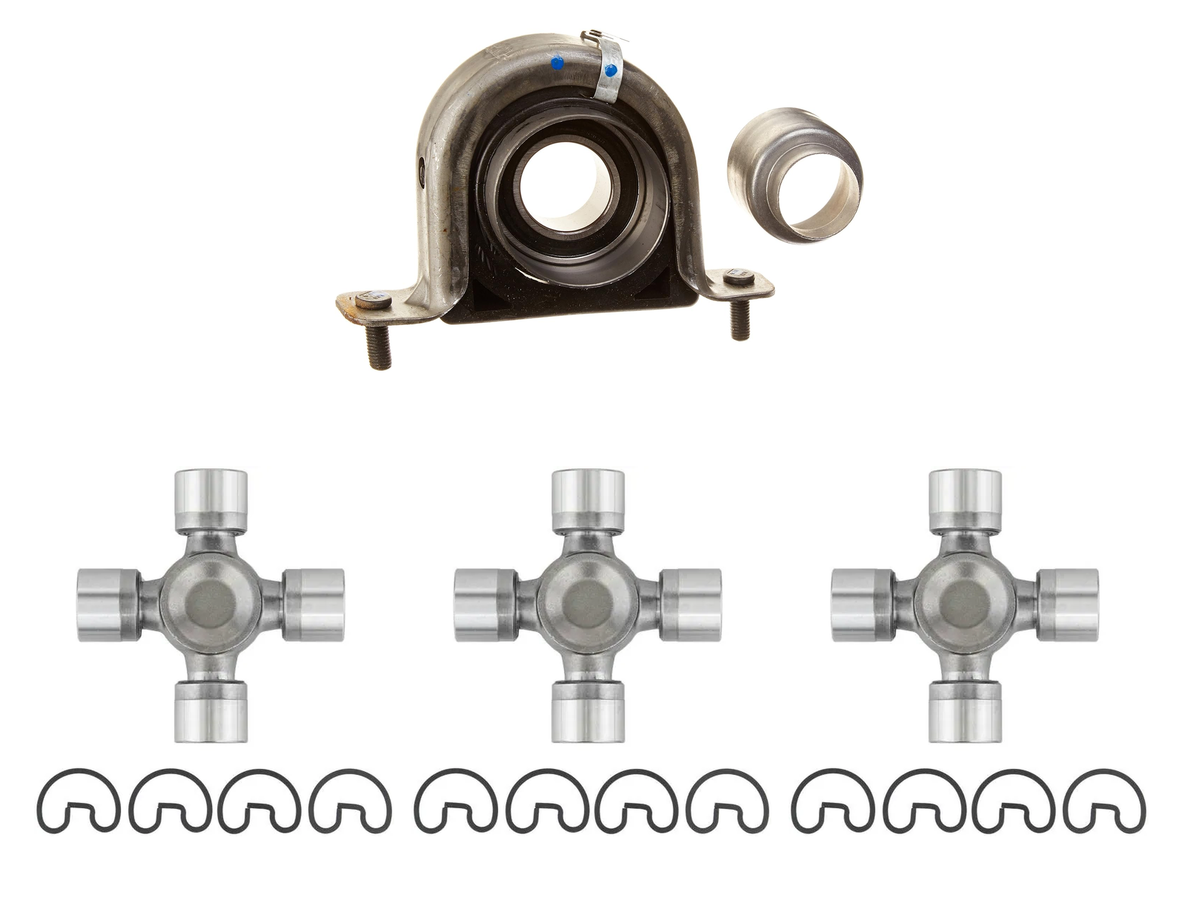 One Spicer 212028-1X driveshaft center support bearing and three Spicer 5-3207X U-joints.