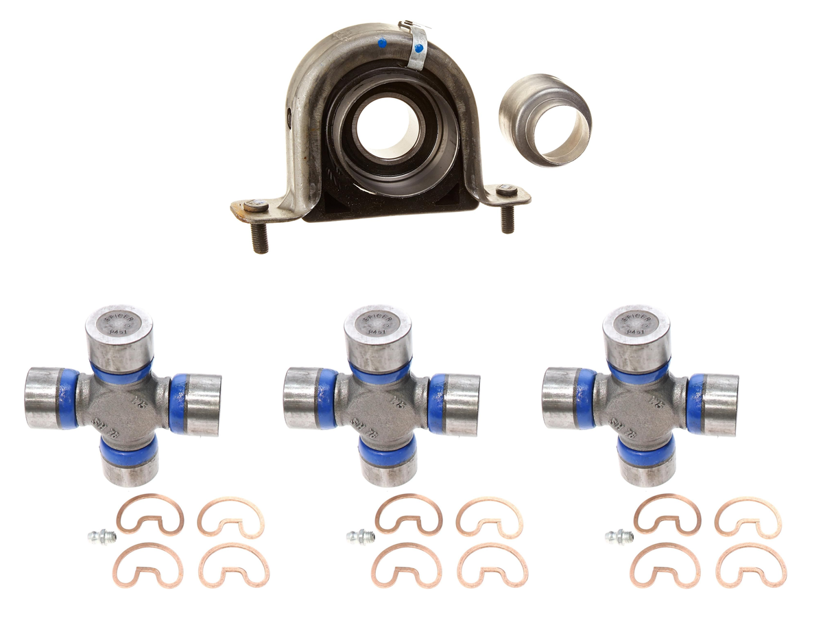 One Spicer 212028-1X driveshaft center support bearing and three Spicer 5-178X U-joints.